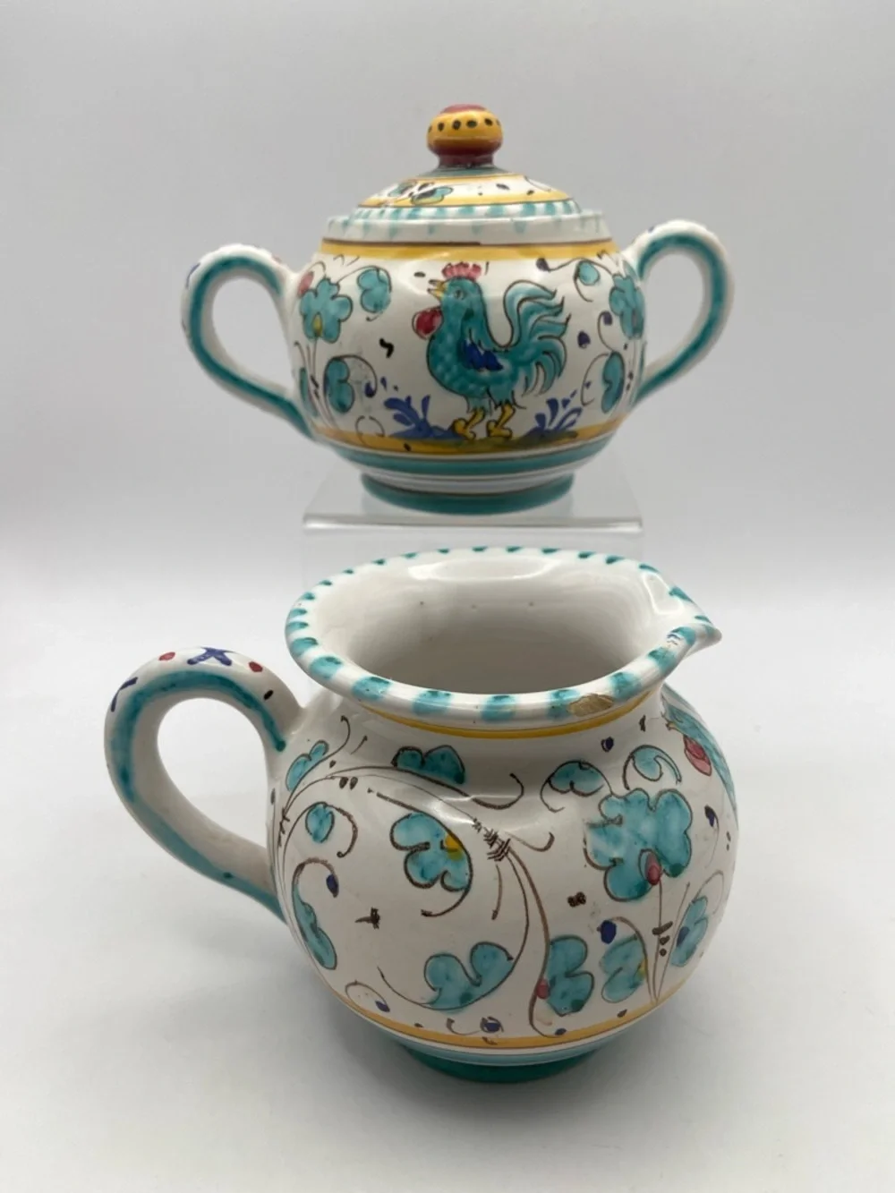 Hand Crafted Deruta Orvieto Rooster Creamer & Sugar Bowl Set Vintage
